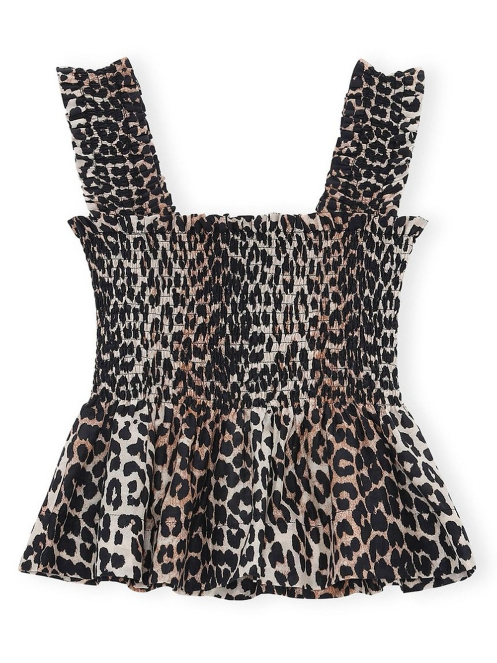 GANNI Leopard Print Cotton Silk Smocked Peplum Tank Top EU 36 Small